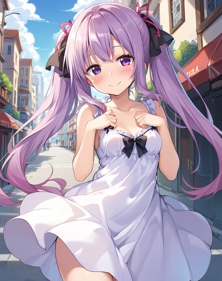 nagami_suzuka, purple hair, high twintails, long hair, purple eyes, sundress, r small breasts, petite body,  BREAK outdoors, city, street, BREAK cute pose,  cowboy shot, smile, blush, looking at viewer BREAK score_9, score_8_up, score_7_up, source_anime ,zPDXL,  <lora:Nagami_Suzuka:0.8>