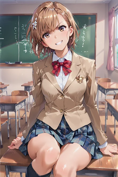 score_9, score_8_up,  score_7_up, score_6_up,
1girl, solo, light brown hair, short hair, small white flower hair ornament, (one hair ornament), 
tokiwadai uniform, plaid skirt, multicolored skirt, red bow, blazer, black socks, 
brown eyes,
frown, clenched teeth, smile, 
sitting, 
dynamic pose, twisted torso, head tilt, 
classroom, chalkboard, 
urushihara satoshi style, detailed background,
<lora:Mikoto_Misaka:1>, <lora:woman_consistency_v2-loha:0.4>,  <lora:super lora_flyx3_XL_PONY:0.4>,  <lora:pixivtext2:0.2>,  <lora:AenuaV1:0.4> , <lora:DallE3-magik:0.3>, <lora:DefaultZ17:0.15>