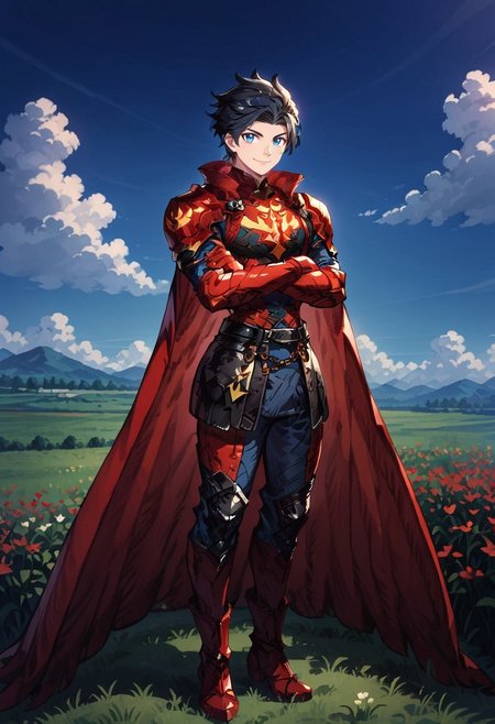 score_9, score_8_up, score_7_up, best quality, masterpiece, wingsterne, 1boy, solo,smile, high_boots, short hair, black_hair, bladed wing, leather_armor, leather_pants, chain_belt, red_gloves ,shoulder_guards ,hero_cape, outside, field, sky, grass, crossed arms, blue_normal_eyes, normal face