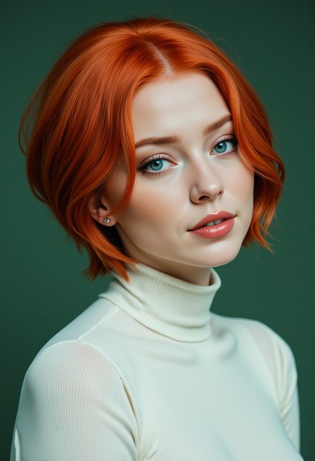 Headshots,masterpiece, a beautiful woman,Hyperrealistic, she is smiling, dynamic angles, multiple angles, photoshoot poses; A photo of Redhead 6B, a woman with short hair, she has massive breasts, a beautiful girl,she is wearing a white turtleneck sweater.she has massive breasts, she has piercing eyes. a dynamic pose and a sense of action. simple green background, and the lighting is soft, creating a dramatic effect, creating a focused and dynamic pose.; the scene is set in a beautiful well-lit environment, with a sense of action and adventure. Style: realistic hyper-detailed rendering, 32k UHD, expressive eyes, punk, graphic design, girl's face, pretty and cute, gleaming lips, telling a tale of adventure. Exuding confidence and serenity. The overall mood of the image is happy and relaxed, detailed skin texture,(blush:0.2),(goosebumps:0.3), subsurface scattering,with a playful and whimsical tone,perfect hand, hand, detailed hand,niji style,retro50s_style,