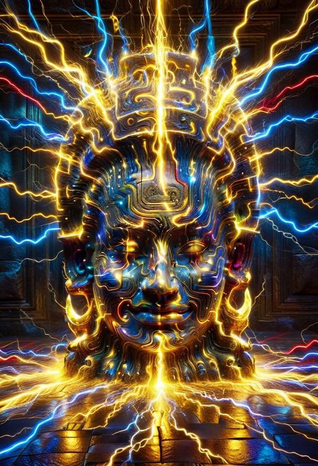 high quality, high resolution, extremely detailed,  lthndrtrl, no humans, Angkol, indoors, stone head made of golden and blue and red and yellow and purple lightning thunder trails, statue, dynamic lighting, wall, floor,