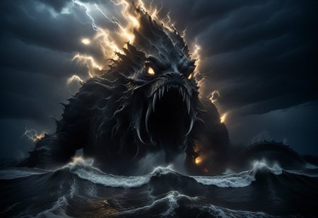 professional, 4k photo, Sharp focus, high detail, gargantuan sea monster, dark theme, silhouette, monster in distance, emerging from ocean, murky water, black scales, menacing, dramatic, greg rutkowski, expressionism, impressionism, volumetric lighting style, god rays, monster attack, eldritch horror, reaching upward, tall waves, lightning, thunderstorm, lightning strikes, 
dramatic angle, cinematic lighting, 
easynegative, extremely detailed, dark, chiaroscuro,