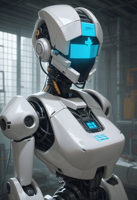 score_9, score_8_up, score_7_up, robot woman, pixel face, digital face, robot body, abandoned laboratory, scifi, angular body, analog, low-tech robot, cheap, plastic, mismatched