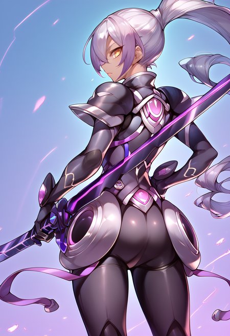 (score_9:0.9),score_8_up,score_7_up,anime style,rating_safe,(zPDXL),<lora:Sky striker ace - azalea ponyXL v2:0.86>,sky striker ace - azalea,black battle suit,weapon,solo,from behind,standing,holding,holding purple katana,purple katana,looking back,