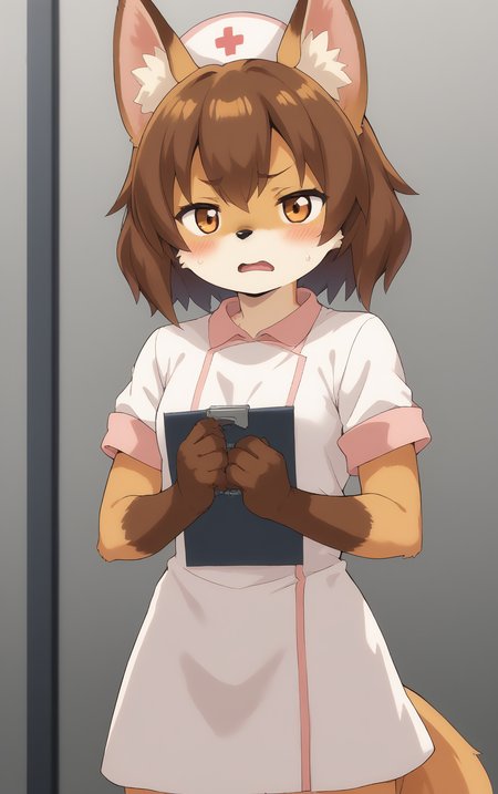 score_9, score_8_up, score_7_up,score_6_up,score_5_up, source_furry, 1girl, solo, cub, anime screencap, animal ears, furry, brown hair, tail, blush, furry female, open mouth, (looking at viewer), fox ears, embarrassed, (tsundere:0.5), (half-closed eyes:1.1), brown eyes, breasts, brown fur, animal ear fluff, fox tail, short hair, animal nose, sweatdrop, small breasts, bangs, body fur, white fur, fox girl, nurse costume, nurse cap, holding clipboard, from upper, white background, <lora:TsundereFox_pony_v1:1>, tfg, <lora:p:0.35> <lora:Anime_Screencap:1>