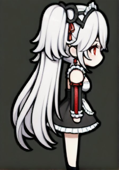 camellya_\(wuthering_waves\),  rimworld, (chibi:1.2),  from side, facing away, 1girl, breasts, maid, solo, full body, transparent background, white background, simple background  <lora:rimworld2-000085:1>