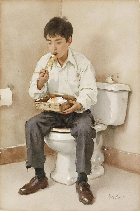 johnsingersargent3 painting. 
 A Japanese student sitting on a toilet, wearing a white shirt and dark pants, eating a box lunch bento with chopstick.  <lora:johnsingersargent3_cap_d8a4e12:1.0><lora:859975292213527131:0>