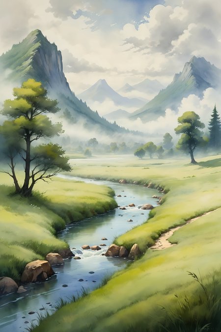 <lora:Retro_Illustration:1> 2d game scene, oil and watercolor painting, scenery, drawing of a minimalist landscape, river, meadow, mist, clouds, mountain, tree, forest, (masterpiece:1.2), best quality