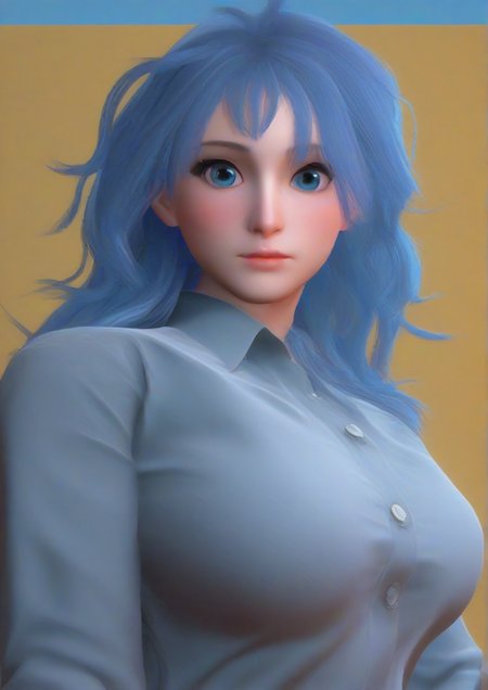 1girl, fuka-chan, score_9, score_8_up, score_7_up, score_6_up, score_5_up, score_4_up, realistic, huge breast, 3d, , blue background, blue eyes, blue hair, blush, collared shirt, dress shirt, grey shirt, looking at viewer, messy hair, no mouth, shirt, solo, sunburst, sunburst background, upper body, zPDXL3,<lora:Street_Fighter_6:1>