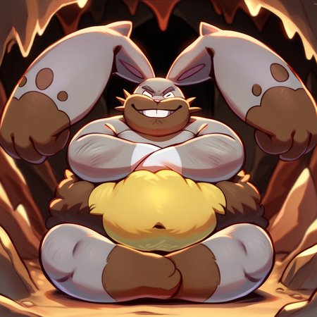score_9, score_8_up, score_8, furry, Diggersby, rabbit, Pokemon (creature), grey/brown fur, buck teeth, yellow/brown fur around waist, cartoon style, 2d, overweight male, solo, sitting, arms crossed, smile, leaning against rock, looking at viewer, smile, inside, cave