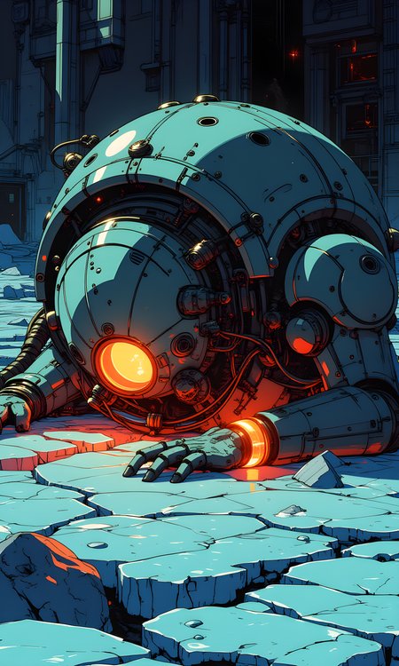 The subject of the image is a large, mysterious structure that resembles a mechanical or robotic entity. It has a dome-like shape with intricate details and appears to be resting on a cracked, icy surface. The structure emits a warm, orange glow from an opening at its base, which contrasts sharply with the cold, blue tones of the surrounding environment. 
There is no visible facial expression as the subject is not a living being. However, the glowing light from the opening gives the impression of a "face" or a source of life within the otherwise inanimate object. 
The structure is stationary, lying on the ground with its components spread out around it. The pose suggests a state of rest or perhaps even abandonment, as if the entity has been left behind in this desolate landscape. 
Since the subject is not a person, there are no clothes. Instead, the structure is covered in what appears to be metallic armor or plating, with various mechanical parts and wires visible. The design is complex and detailed, hinting at advanced technology. 
The camera is positioned at a low angle, close to the ground, looking up at the structure. This perspective emphasizes the size and imposing nature of the subject, making it appear larger and more dominant in the frame. The camera is also slightly angled towards the opening with the glowing light, drawing the viewer's attention to this focal point. 
The primary light source is the orange glow emanating from the opening at the base of the structure. This light casts a warm, reddish hue on the surrounding ice, creating a stark contrast with the cool blue tones of the environment. The shadows are soft but distinct, adding depth and dimension to the scene. The overall lighting creates a dramatic and somewhat eerie atmosphere. 
The background is a vast expanse of cracked, icy terrain. The ice appears to be thick and solid, with deep fissures and crevices. There are no other objects or structures visible in the background, emphasizing the isolation and desolation of the setting. The darkness of the sky above adds to the sense of emptiness and mystery. 
The composition is centered around the large structure, with the glowing light serving as the main focal point. The low camera angle and the use of contrasting colors (warm orange against cool blue) create a strong visual impact. The cracks in the ice lead the viewer's eye towards the structure, guiding them through the composition. The overall effect is one of intrigue and wonder, inviting the viewer to imagine the story behind this enigmatic entity. 
BREAK anime, d13s3lp2nk, bboil artist style, OBdonman, Anime art, <lora:FLUX\Anime Art V3:0.2>, <lora:FLUX\Synesthesia:0.2>, <lora:FLUX\RetroAnimeS1.1:0.5>, <lora:FLUX\Flux-jijia:0.1>, <lora:FLUX\It's a LoRA for portraits, BUT! actually specialized in backgrounds. v1.0:0.1>, <lora:FLUX\GLSHS:0.2>, <lora:FLUX\Dieselpunk Delight - s0_9 g4:0.4>, <lora:FLUX\OBdonman, anime0style portrait:0.1>