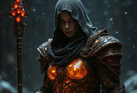 Goddess of War, Extreme close up upper body portrait, Vivid amber and gold black color, Face and eyes are shaded by Oversized linen hood, Analog photo of a creepy armored Bedouin witch warrior with a staff full of crystals, The crystals are round translucent black and red, hknature ninja goddess, Action pose showing a stylized, Ninja with translucent dark red ice powers. He is depicted standing against a snowy, dark background., Giving the action pose, Throwing spear Made of ICE and frost. Glowing dark contours define the muscular physique of the character, Ornate armor. The armor includes a translucent amber and black chestplate with an intricate design.