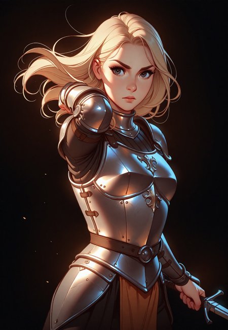 Tsuaii, flat colors,high detailed, high quality, masterpiece, 
 1girl, upper body, (black background), dynamic lighting, standing, holding an xxe, battle stance,
simple steel breastplate, medieval, knight
