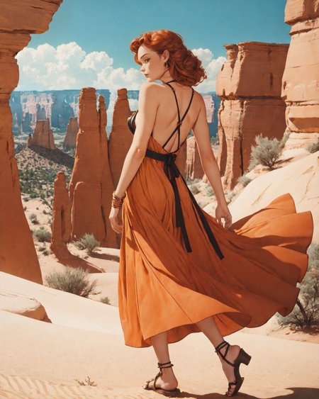 ( <'EM_1'> , <'EM_2'> <'EM_3'> , <'EM_4'> :0.8), (Marsaili_v1), canyonlands national park, (style of Peter Lindbergh) adult woman from [behind|the side], flowing lightweight ([earthtone|orange|copper|orange] dress:1.5), earth tones, silver jewelry, walking in desert ravine, deep canyon, rugged terrain, soft sunlight, long shadows, minimalism, natural stones, introspective expression, desert rocks sand backdrop, backlighting, raw atmosphere, gold belt, sandals, leather straps, minimalist design, worn texture, low heel, open-toe, desert dust, subtle stitching, (sideboob:1.5),  <lora:30sTechnicolorMovieV2:0.55> (ArsMovieStill, movie still from a 1930s technicolor movie:0.55) <lora:Noise:1.25> NSE01