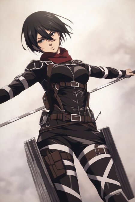 score_9, score_8_up, score_7_up, BREAK source_anime, <lora:adult mikasa ackerman-PonyXL-lora-faxtron:0.8> adult mikasa ackerman, black eyes, black hair, short hair, medium breasts, military uniform, armor, belt, thigh strap,