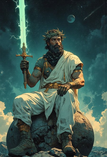 A highly detailed digital illustration in fantasy art features a man with a chiseled, Greek god-like face, smooth and free of facial hair, exuding an air of divinity. He is draped in a flowing white robe, reminiscent of ancient Greek attire, with luxurious golden accents and intricate golden ornaments adorning the fabric. The robe is wrapped elegantly around his waist and flows around his legs, its fine details reminiscent of classic Greco-Roman fashion. A wreath of olive branches, radiant in gold, rests atop his head, symbolizing wisdom and peace. He sits atop a massive stone sphere, its surface carved with ancient runes, creating a striking contrast between the divine and the earthly. Above, the night sky is filled with shimmering stars, distant planets, and a comet streaking across the void, enhancing the celestial atmosphere. In one hand, he raises a glowing electric green sword, its energy illuminating the scene with an otherworldly glow. Across his back, he carries a rugged trekking backpack, while his mouth is concealed by a black bandana patterned with traditional designs. His hands are protected by sturdy trekking gloves, and his feet are encased in tough safety boots, merging the elegance of Greek mythology with the practicality of an adventurer.