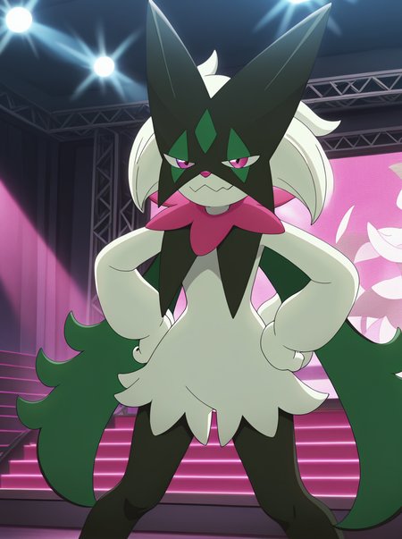 masterpiece, best quality, amazing quality, very aesthetic, absurdres, newest,  anime screenshot anime coloring, <lora:MeowscaradaIllust:1>masquernyaillust, pokemon (creature), furry, solo, no humans, smile, pink eyes  standing,  smug, wink, hands on own hips, stage,  stage lights,  reflector
