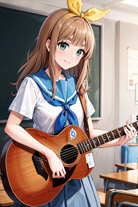 masterpiece, best quality, highres, yuuko1, 1girl, solo, school uniform, green eyes, long hair, neckerchief, pleated skirt, brown hair, blue skirt, blue neckerchief, yellow_hair_ribbon, short sleeves, white shirt, blue sailor collar, bangs, eyebrows, <lora:yoshikawa_yuuko_v1:0.6>, cowboy shot, classroom, smile, guitar,