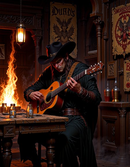 A dnd style half-orc bard, ck-0rcs, this is an image of a orc, strums his guitar and sings in a low brow tavern, the tavern is glowing with lantern light and the embers from a roaring fireplace, the tables are made of rough cut wood and the walls are cluttered with bounty posters, the bard himself is dressed in black leather with a Lemmy hat, long hair, and chopstache facial hair, his playing and singing are intense.  The scene has a dark fantasy feel <lora:FluxMythV2:1> <lora:flux.1_lora_flyway_Epic-detail_v2:1>, mythp0rt <lora:ck-Orcs:1>
