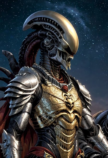 An insanely Detailed Divine Xenomorph, Golden and silver in color, cyberpunk, a crimson tinge to the golden color, Hyperdetailed, Omnipresent, Beautiful, Sinister overtones, otherworldly,((masterpiece, best quality)), fantasy, solo, 1 alien knight, silver armor chestplate with silver medieval ornaments and runes, galactic night sky background, perfect composition, sidelighting, outdoor,