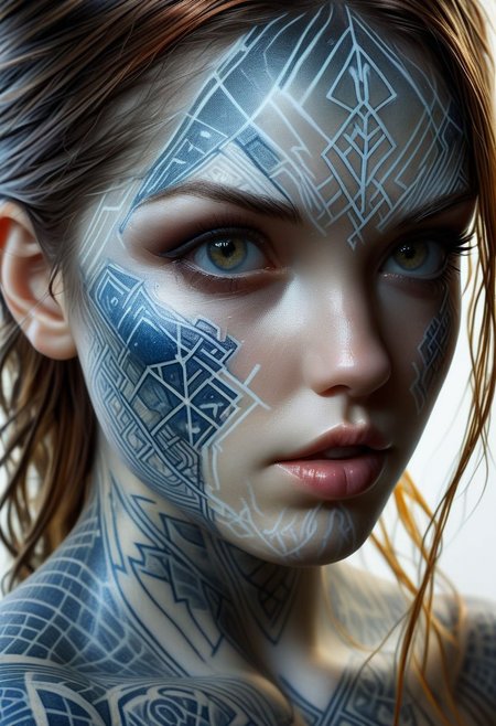 Rune tattoo on girls face, close-up, by Minjae Lee, Carne Griffiths, Emily Kell, Steve McCurry, Geoffroy Thoorens, Aaron Horkey, Jordan Grimmer, Greg Rutkowski, amazing depth, double exposure, surreal, geometric patterns, intricately detailed, bokeh,  perfect balanced, deep fine borders, artistic photorealism , smooth,  great masterwork by Suiras  <lora:add-detail-xl:2>  <lora:Double_Exposure:0.5>