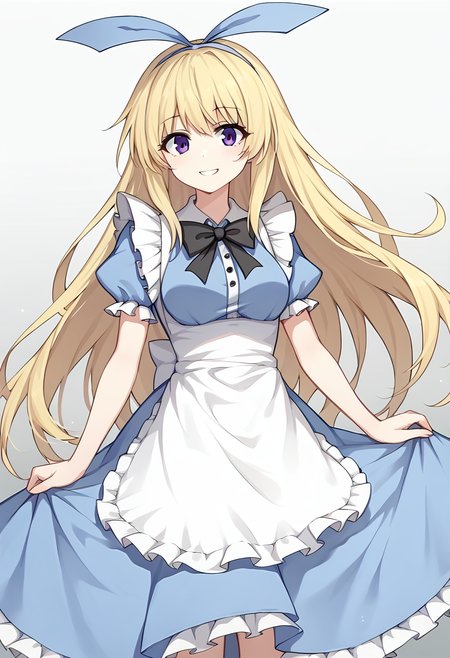 score_9, score_8_up, score_7_up, source_anime, AliceSisterBS2, 1girl, long hair, solo, blonde hair, dress,  apron, bow, purple eyes, ribbon, short sleeves, hair ribbon, blue ribbon, blue dress, looking at viewer, puffy sleeves, puffy short sleeves, bowtie, white apron, very long hair, black bow, medium breasts, <lora:Alice Sister BS2 xl pony:0.8>, gray background, gradient background, hips, thighs, smile