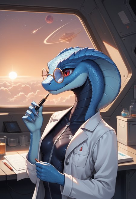 score_9, score_8_up, score_7_up, source_furry, high quality, perfection, detailed, aesthetic, well-lighted,
indoors, spacecraft, zero gravity, cosmos, space,
1girl, solo, upper body, 
scalie female, anthro, scaly body, scales, beautiful girl, cute girl, young, youthful, beautiful face, beautiful eyes, perfect eyes, detailed eyes,
snake girl, light-blue skin, light-blue scales, small breasts, petite, red eyes, good hands,
clothed, (lab coat:1.2), oversized lab coat, doctor, (plugsuit:1.2), tight suit, glasses,
holding pen,