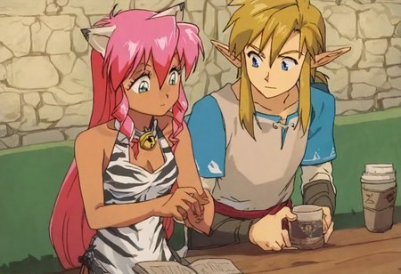 Duo, Pink_DragonPink, 1girl, sleeveless dress, white tiger print dress, pelvic curtain, cleavage, cat ears, cat bell necklace, pink hair, tanned, white tiger tail, red sash, small breasts, leather shoes, masterpiece, very aesthetic, <lora:pink-illustrious:1>, content look
Break
1boy,Anime screencap,link (zelda),blonde hair,blue eyes,pointy ears, low ponytail, sidelocks, wearing blue hyilian tunic, slight smile
Break
Medieval coffee shop, cozy interior, hylian decorations on walls, pink and link sit on comfy couch, pink and link sit together, reading books, coffee cups on table, full bodies in frame