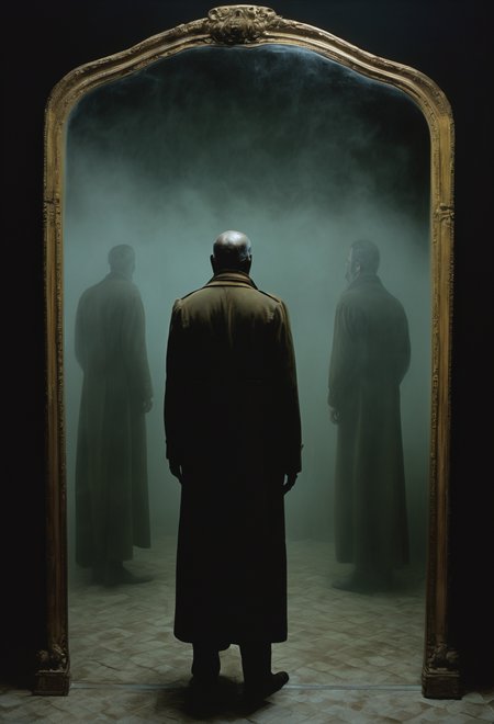 Albertine Boubou, Cateran Brute, A man looks into the mirror and ( sees the mysterious back of another man) instead of his own reflection, eerie and unsettling, with a surreal atmosphere, hazy fog, and a sense of being in a different dimension, haunting,<lora:flaming-person:0.2> <lora:otherworldyXL-32-1-0357:0.7>,  Arcane, <lora:1970RetroFuturism:0.6>, 1970retrofuturism, 1970s, worst nightmares, gloomy, disturbing, indescribable terror, (heavy fog:1.1), shadow, dark night, texture, masterpiece, great art, high quality, best quality, highly detailed, 8k, wide shot, panorama, (Bottom view:1.1)ultra realistic,32k, RAW photo,(high detailed skin:1.2), 8k uhd, high quality, film grain