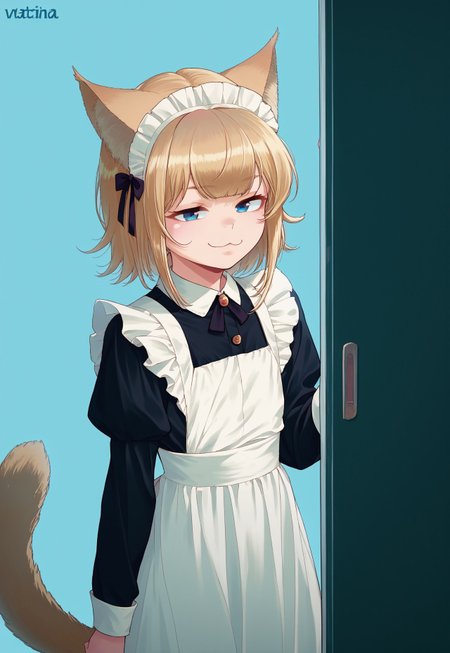 score_9, score_8_up, score_7_up, score_6_up, source_anime, 1girl, blonde hair, medium hair, catgirl, cat ears, fluffy ears, cat tail, flat chest, petite, cute, smug, victorian maid dress, maid outfit, apron, 
