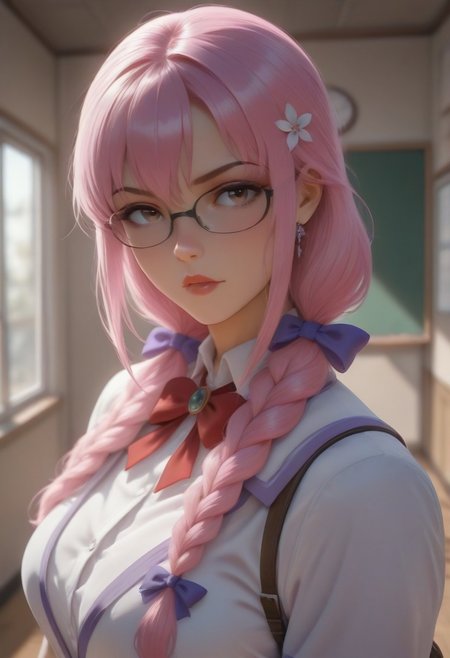masterpiece,looking at viewer,solo,school_uniform,<lora:Rika Illustrious v1:1> rika, glasses, pink hair, braid, hair bow, brown eyes,