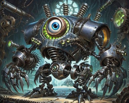 art by pixar,cartoon,a cybermutant with huge eyes covered in machinery and cybernetic parts with biomechanical limbs,<lora:Cyberfleshmutant-000002:0.95>