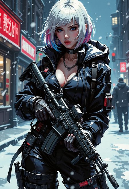 in the style of ck-mgs, A digital artwork in the style of cknc, image of stunning oriental goth female cyberpunk warrrior, multicoloured bob, platinum with blue and red streaks, bangs, lips parted, seductive, sultry, lustful, choker, long earrings, skintight jumpsuit, holding a submachine gun in both hands on a snowy street during a blizzard, snow falling, dark background, silhouetted, chiascuro
