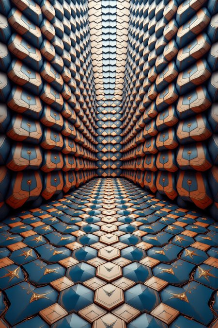 YFG-Ge0m, Envision a world where geometry has become an art form, where every surface is a mosaic of interconnected tiles that reflect a kaleidoscope of colors and patterns. Incorporate intricate tessellations that seem to repeat and recombine in infinite ways, like a mathematical puzzle come to life.