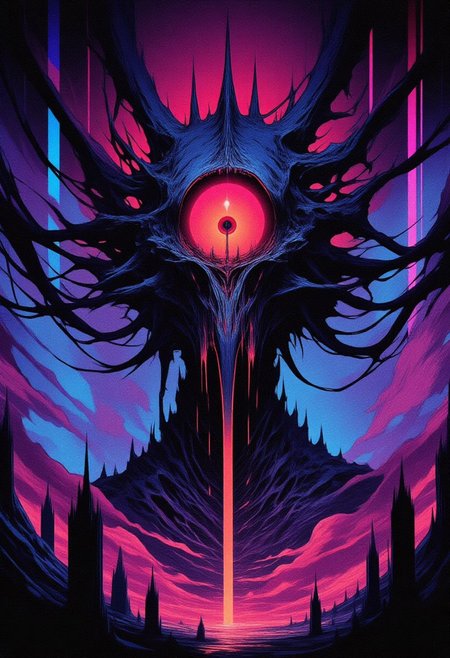 1bird, close-up, glowing eye, giant eye, orange eye, bird skull, beak, glowing crosses, floating crosses, neon crosses, silhouette, single subject, surreal, horror theme, eerie, ominous, visual impact, surreal horror, symbolic, glowing, vibrant colors, high contrast, deep shadows, glowing purple, glowing pink, electric blue, neon orange, atmospheric lighting, chromatic glow, moody lighting, cross graveyard, minimal composition, head focus, upper body, ethereal, supernatural, otherworldly, dreamy horror, digital painting, painterly, vibrant, colorful, chiaroscuro, volumetric light, thick brush strokes, dramatic shadows, color harmony, soft gradients, cinematic lighting, high resolution, masterpiece, absurdres, abstract background, glowing effect
inspired by: Zdzisław Beksiński, Paul Chadeisson, Kilian Eng, Moebius, dark synthwave art