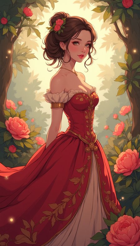 A high-quality, whimsical digital artwork in the style of pinksoftcoreanime, 
A princess with chestnut brown hair styled in a voluminous bun, with small roses and vines framing her face. She wears a romantic red and gold gown with intricate rose-patterned embroidery and a long, flowing train. The background is a lush, enchanted rose garden, with glowing fireflies and soft sunlight filtering through the trees.