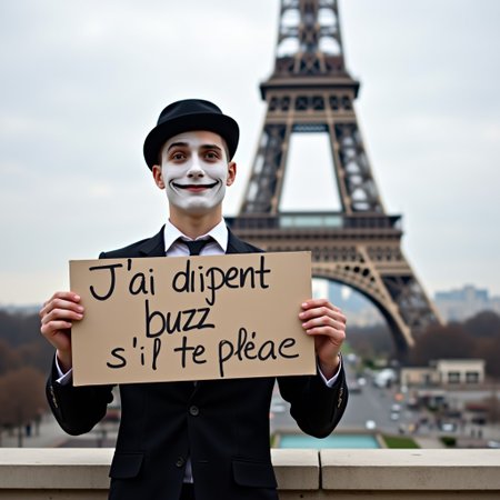a 20 year old french mime, holding sign, text "J'ai besoin buzz, s'il te plaît." paris, eiffel tower backround,