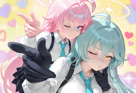 2girls, power of love, yume \(blue archive\), blue archive, 
hoshino \(blue archive\), blue archive, puckered lips, one eye closed, heart, 
<lora:cfg_scale_boost:0.4>,<lora:nai_noob_new_1536:0.4>,<lora:nyaliaXLNBVP1lokrV6311P:0.5>, <lora:illustriousXL_stabilizer_v1.23:0.4>, <lora:power-of-love:1>, (masterpiece, best quality, newest, highres:1.3), good quality, very aesthetic, absurdres, newest, very awa,