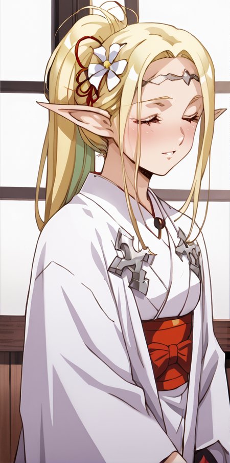 1girl,  absurdres, uncensored,
score_9, score_8_up, score_7_up, score_6_up, source_anime, zPDXL3,
(mature female),
BREAK
indoors, seductive smile, smile,
BREAK
,
BREAK
 elda, red eyes, blonde hair, long hair, pointy ears, elf, hair ornament, hair flower, japanese clothes, kimono, circlet,  
haira, closed eyes, blonde hair, long hair, pointy ears, elf, ponytail, gloves, black gloves, japanese clothes, kimono, forehead mark, facial mark,  <lora:Urushihara Satoshi_XL_PONY_V2:0.9>,<lora:edomaeelf:0.8>