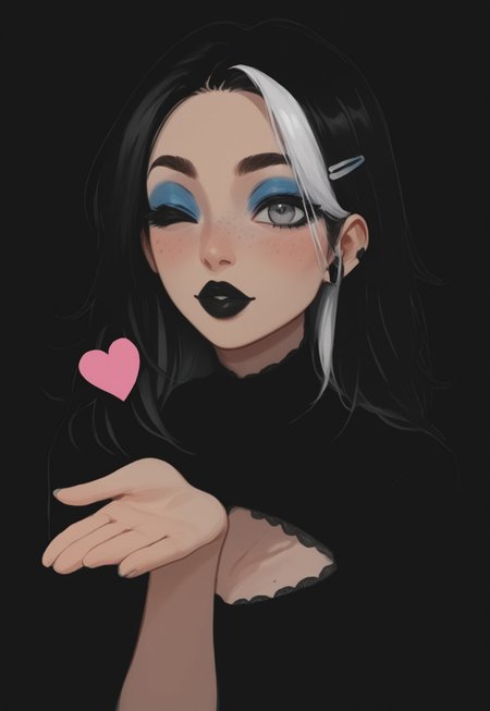(Blend_in, black background), score_9, score_8_up, score_7_up, masterpiece, best quality, absurdres, vibrant, highly detailed, very aesthetic, sidelightning, (portrait, close-up, focus on face), 1girl, Ally, beautiful, flawless, perfect face, grey eyes, (goth girl, black lace outfit, black low cut silk blouse, cleavage cutout, cleavage, lace-trimmed clothes), goth outfit, hair clips, (black hair with white highlights:1.4), freckles, blue eyeshadow, black lipstick, puckered lips, wink, blush, hand up, open hand, blowing kiss, pink heart