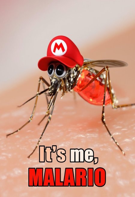 A close-up of a mosquito perched on human skin, detailed and lifelike. The mosquito is humorously modified, wearing a red cartoon-style cap with a white circle and the letter 'M' on it, resembling a famous video game character's hat. Its eyes are slightly exaggerated to add a comedic effect. The mosquito’s body is filled with red fluid, visible through its translucent abdomen. Below the image, a caption in bold text humorously reads 'It’s me, Malario,' with the word 'Malario' highlighted in red, creating a playful pun