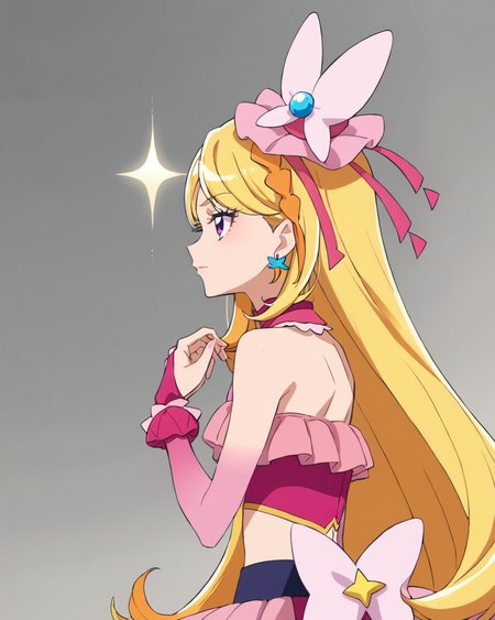 score_9, score_8_up, score_7_up, source_anime,masterpiece,best quality,highres,absurdres,official art,official style,source_anime,anime screencap,anime coloring,megami magazine,anime,animated,explicit,
shiny skin,
<lora:cure_butterfly:1> cure_butterfly, blonde hair, purple eyes,  very long hair, jewelry, frills,  braid, pink bow, earrings, swept bangs, hair bow, crop top,pink gloves,gloves,star (symbol), bare shoulders, detached sleeves, magical girl, sleeveless, hair ornament,  bridal gauntlets, sleeveless shirt, crown braid