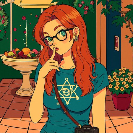 msdh, frosted animation,retro anime
Upper body shot of a stunning 18-year-old woman with ginger hair, bright aqua eyes, light freckles, thick eyebrows, and glasses that give her a nerdy look. in a sun-drenched Mediterranean courtyard with terracotta tiles, climbing vines, and a central fountain. The background shows a table set with fresh fruit and flowers, surrounded by lush greenery and colorful flowers.

She is wearing graphic tee featuring a science, math, or coding theme, peeking out from under her outfit.Small, understated stud earrings, possibly shaped like planets, atoms, or other nerdy symbols.A small, vintage camera slung around her neck, suggesting an interest in photography and retro technology.

Index finger gently pressed against her lips in a “shh” gesture, with a playful or mysterious expression.



