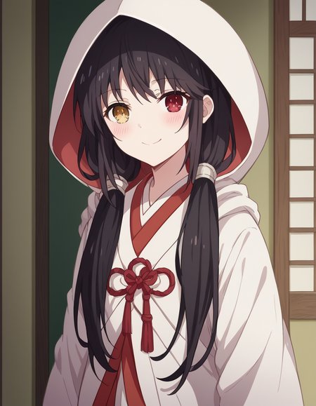 score_9, score_8_up, score_7_up, source_anime, kurumitokisaki, <lora:kurumi-tokisaki-s4s5-ponyxl-lora-nochekaiser:1>, kurumi tokisaki, black hair, red eyes, long hair, twintails, yellow eyes, heterochromia, clock eyes,, <lora:uchikake-ponyxl-lora-nochekaiser:1>, uchikake, wataboushi, shiromuku, white kimono, hooded kimono, bride, japanese clothes, hood,, indoors, wedding, smile, blush,, cowboy shot, dutch angle, looking at viewer,