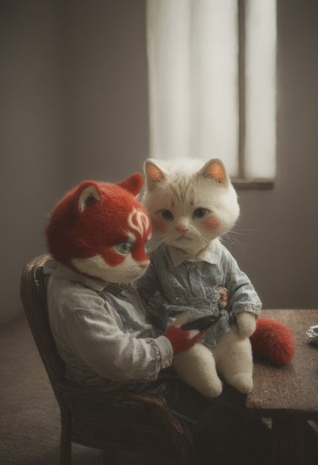 This is a low-light, candid photograph capturing a man with a hairy chest and a ginger cat resting on his lap. The man, who appears to be shirtless, is seated on a dark-colored chair or sofa. The cat is comfortably perched on his lap, with its front paws resting on his thighs. The image is taken from a slightly high angle, providing a close-up view of both the man and the cat. The background is dimly lit, with indistinct objects, possibly a cluttered shelf or a small table, barely visible in the shadows. The lighting is artificial and low, casting a warm, muted glow on the subjects. The photograph has a casual, intimate feel, with a low aesthetic quality due to the poor lighting and lack of sharpness. The composition lacks leading lines or the rule of thirds, and the image appears to be taken with a smartphone camera, evident from the slight graininess and casual framing.
 poppy, marshall, white fur, red fur, pink fur, two colored fur, dress, sweater, bangs, blush,  antro