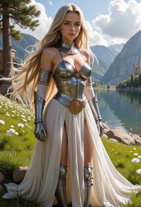 fantasy. bright, vibrant and lovely fantasy scene. female warrior. Dress with integrated white and gold armor with complex details. Green flowering meadow by a lake. A beautiful castle can be seen in the background.   Sword with runic inscription.  Flowing hair. Serene atmosphere. Interplay of light and shadow. Luminous fantasy. Mystical power, high level of detail.
perfection style, vivid colors, colorful, aidmaMJ6.1, fantasy oil painting