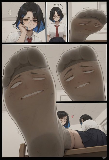 score_9, score_8_up, score_7_up, 
comic panels,2panels ,
[panel1 ： detailed , 1girl, (black hair:1.1), highlights in hair, blue highlights, bob cut hair style, messy hair, hair clip, hazel eyes, square frame glasses, black frame glasses, school uniform, short skirt, blue and white socks,  school，classroom,sitting on a chair,] ,
[ panel2 ：Stretch out your socked feet, the soles of your socked feet, the focus of your soles,Looking from below, looking down,]manga page,manga layout, panels, manga panels, page layoutcomic panels, manga page, speedlines, cover,  hearts, living socks, socks have detailed faces on soles, dirty socks, smelly socks,