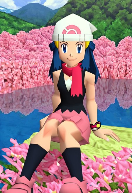 score_9, score_8_up, score_7_up, BREAK, 1girl, solo, pokemondawn, <lora:pokemon-dawn-anime-ponyxl-lora-nochekaiser:1>, pokemon dawn, blue hair, black eyes, sidelocks, long hair, bare shoulders, beanie, black shirt, black socks, bracelet, hat, jewelry, kneehighs, miniskirt, pink skirt, red scarf, scarf, shirt, skirt, sleeveless, sleeveless shirt, white headwear, smile, looking at viewer, full body, sitting, countryside, (pink flowers), river, mountain, outdoors, scenery, n64zeldastyle, 3d, polygonal<lora:EMS-445243-EMS:0.600000>, <lora:EMS-431159-EMS:1.000000>