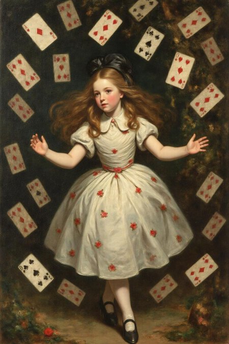 jore1 painting. 
A scene from "Alice's Adventures in Wonderland." The central figure is a young girl, Alice, with long, flowing brown hair, wearing a white dress adorned with small red flowers. She appears to be in mid-motion, as suggested by her raised arms and the scattered playing cards flying around her. The cards are a mix of hearts, diamonds, clubs, and spades, which are depicted in a chaotic, swirling pattern around her, adding to the sense of disarray and wonder. <lora:jore1_cap_d6a3e12:1.0><lora:818383620281715050:0>