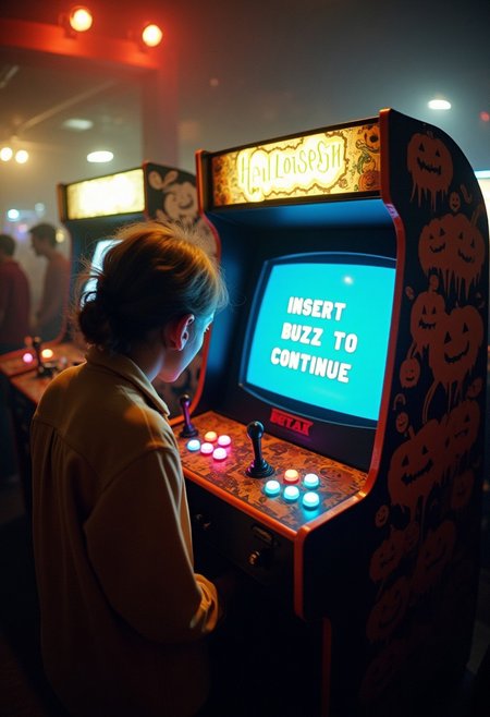 [ (35mm film photograph), (high angle photograph), (fisheye lens distortion photograph] ((the focus is on a central halloween themed, 1980 style, stand-up arcade videogame) , (seen on the video screen of the arcade videogame is the text " Insert Buzz to Continue " printed in legible videogame font, only the words "Insert Buzz to Continue" are seen on the screen of the arcade videogame)),
<<BREAK>> ,
((The background is a dingy 1980's Video arcade), (the air is filled with thin bluish cigarette smoke), (people are wearing fashions from 1980))